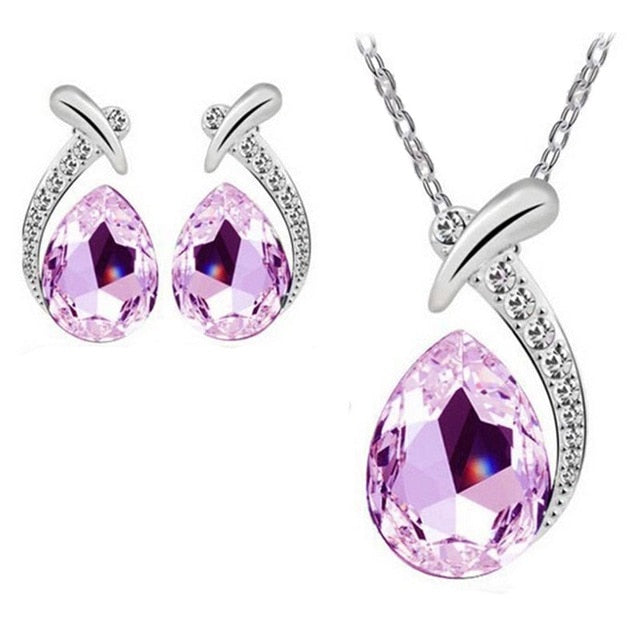 Water drop shape many color setting silver color Crystal necklace earrings set