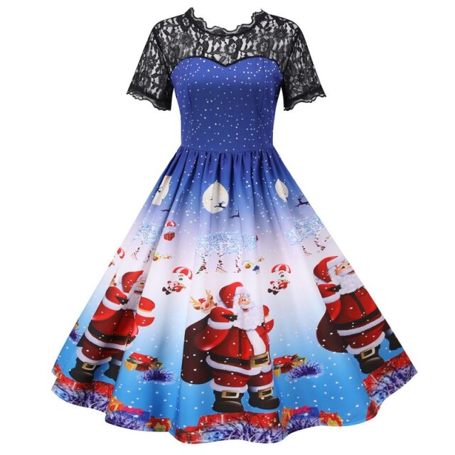 Women's Short Sleeve Lace Santa Claus Print High Waist Christmas Dress