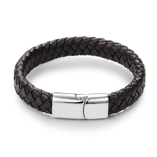 Black/Brown Braided Leather Bracelet Stainless Steel Magnetic Clasp Fashion Bangles
