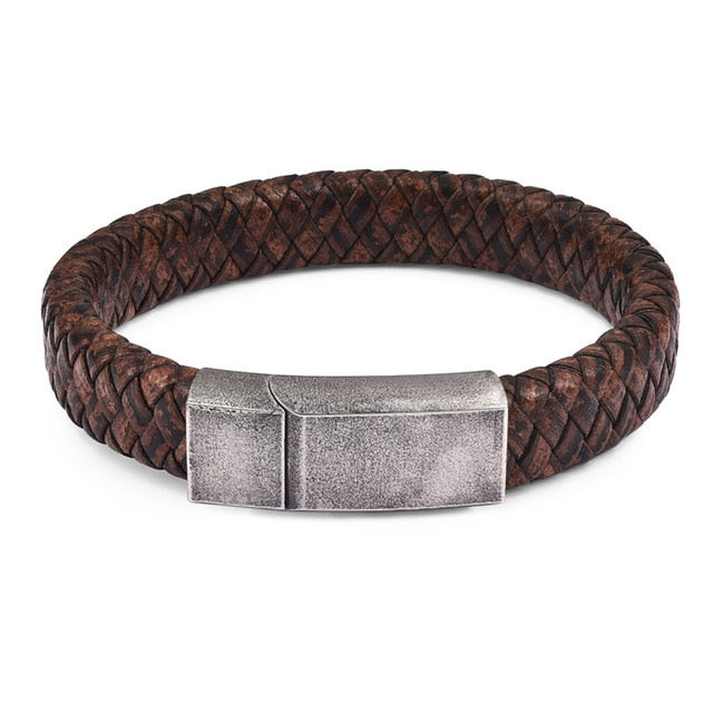 Black/Brown Braided Leather Bracelet Stainless Steel Magnetic Clasp Fashion Bangles