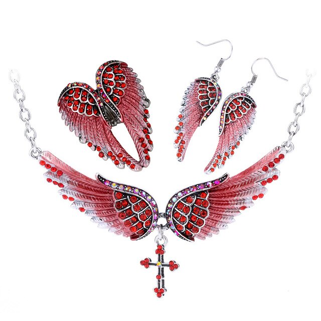 Angel Wing Cross Necklace Earrings Ring Sets Women
